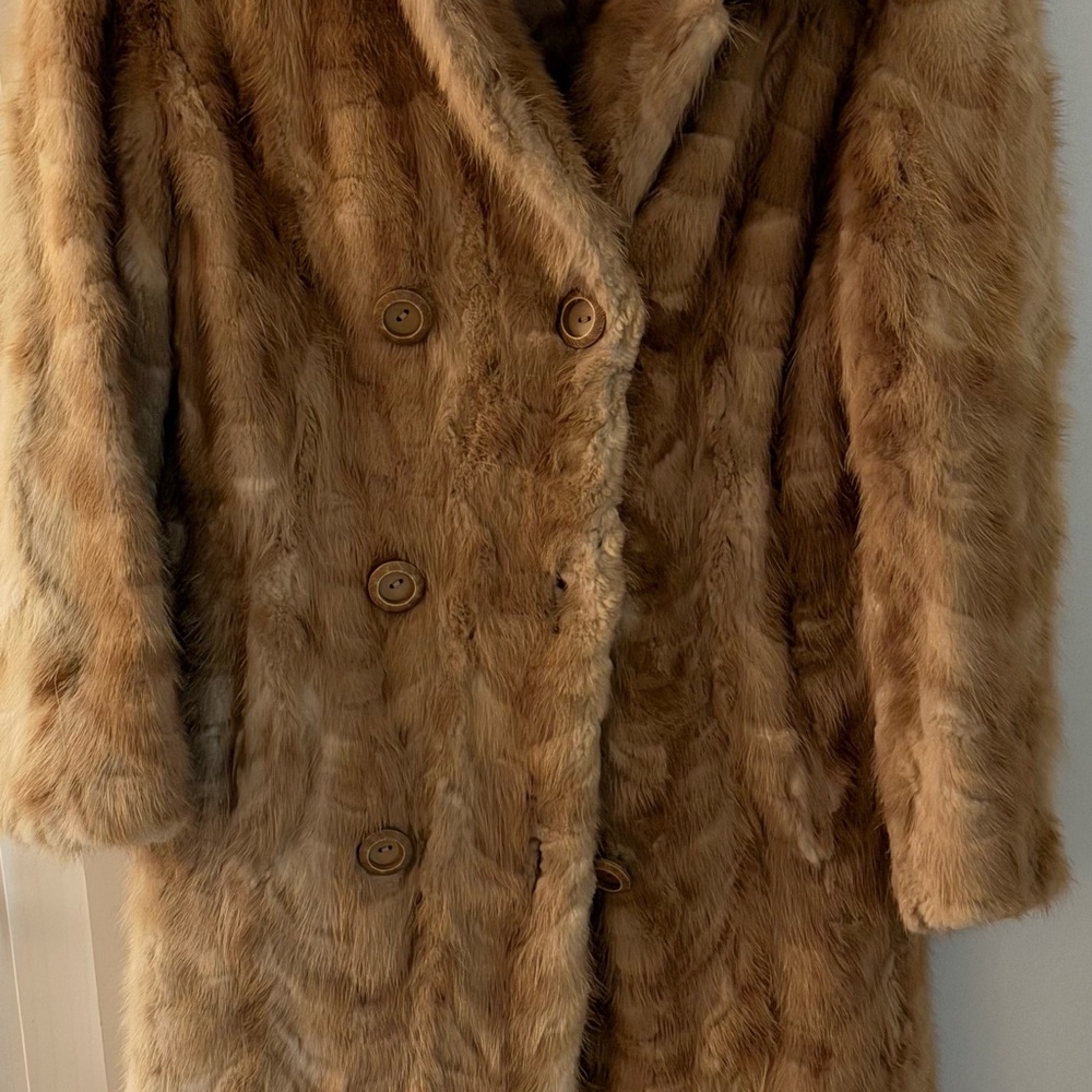 Vintage Mink Fur Coat Past Knee Length Beige Small